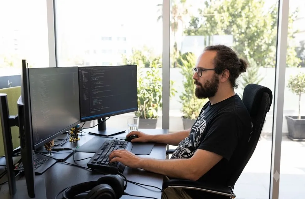 A developer writing code at a dual-monitor desk